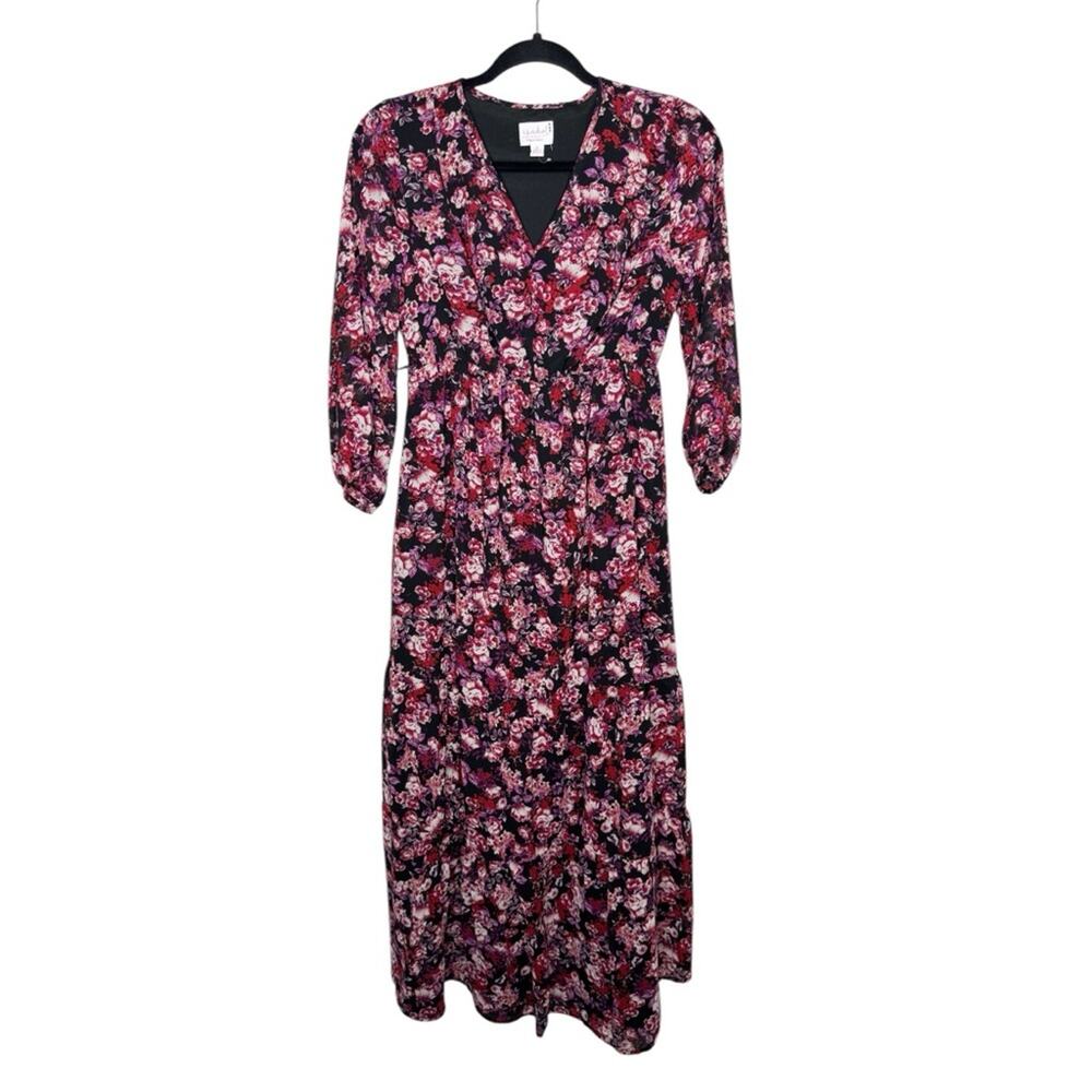 ISABEL MATERNITY / pink black dark floral ruffle tiered long sleeve maxi dress/S